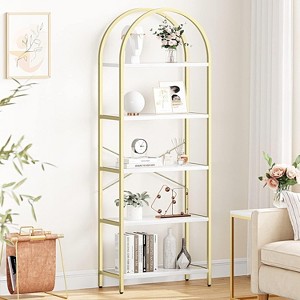 Jojoka 5-Tier Arched Bookshelf, Tall Wood Bookcase with Metal Frame, Modern Storage Rack for Living Room, Bedroom, or Home Office，Gold+White - 1 of 4