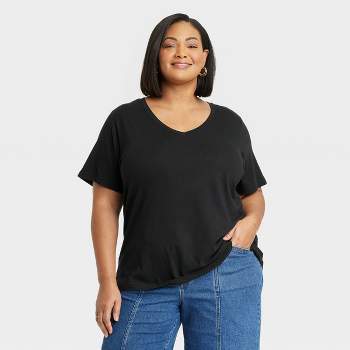 Women's Long Sleeve Relaxed V-Neck T-Shirt - Ava & Viv™ Black 1X