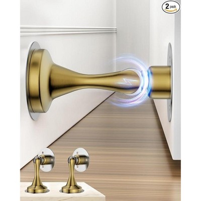 DOMETOUR Magnetic Door Stopper 2 Pack, Stainless Steel, No-Drill Adhesive & Screws, Heavy Duty Door Holder for Wall/Floor, Gold