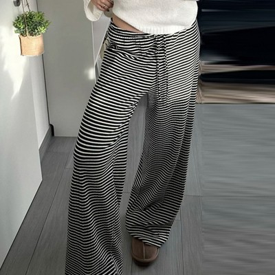 Womens Casual Straight Leg Lounge Pants Wide Leg Stripe Pattern Mid Waisted Oversize Long Pants