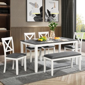 MAYEERTY 6-pc Dining Set with Bench - Wood Table, Modern Two Tone Design - Grey/White - Seats 6 - 1 of 4