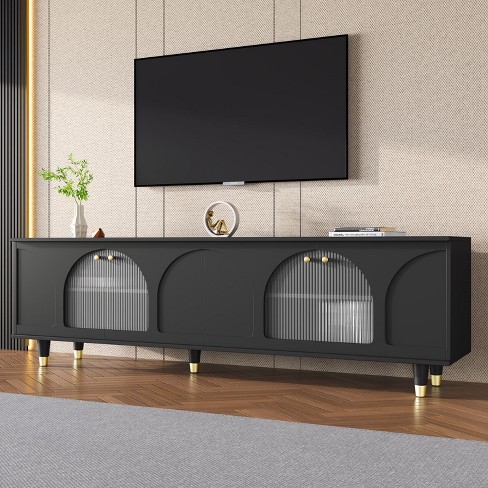 Black Modern Tv Stand Up To 80 With Adjustable Shelves Entertainment Center With Glass Door For Living Room Indoor Furniture The Pop Home Target