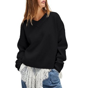 Coolmee Women Casual Long Sleeve Sweaters Oversized V Neck Ribbed Knit Pullover Sweaters Fall Fashion Tops - 1 of 4