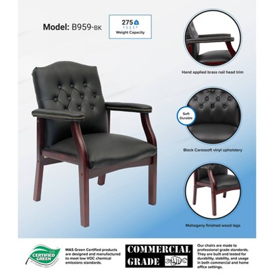 Traditional Guest Chair Black/Mahogany Finish - Boss Office Products: Vinyl Upholstery, Wood Frame, 275lb Capacity