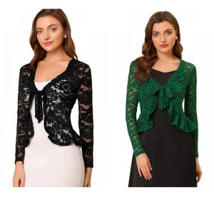 Allegra K Women's Tie Front Ruffled Hem Floral Lace Sheer Crop Bolero Shrug 2 Packs - 1 of 4