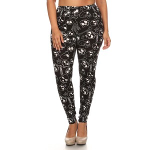 Slickblue Plus Size One Size Skulls & Bones Printed Leggings, Full Length, Banded High Waist, Stretch Fit, Black/Green - 1 of 4