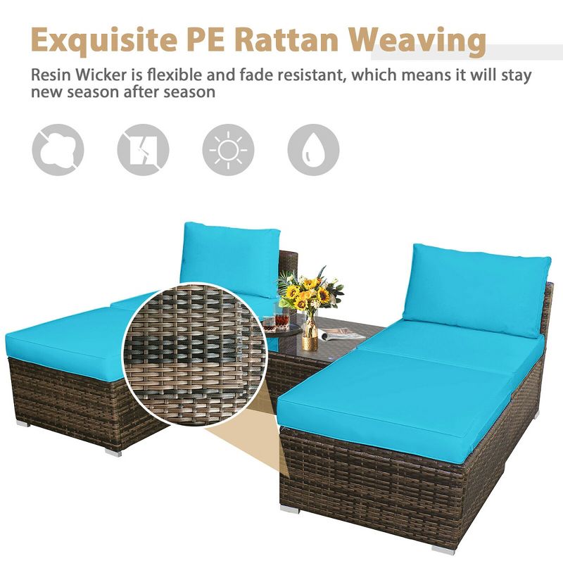 Costway 5PCS Patio Rattan Wicker Furniture Set Armless Sofa Cushioned Red/Turquoise, 5 of 13