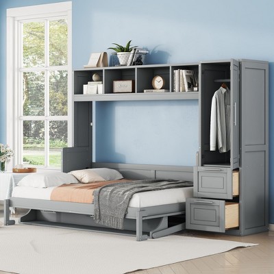 NicBex Full Size Murphy Bed Wooden Frame Murphy Bed Cabinet Wall Bed with Closet, 2 Drawers and Shelves for Bedroom