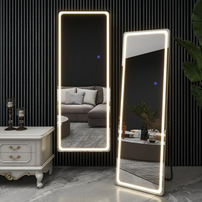 63"x16" LED Rectangle Floor Mirror with Stand, HD Full-length Mirror with Aluminum Alloy Frame and 3 Color Temperature, White