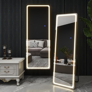 63"x16" LED Rectangle Floor Mirror with Stand, HD Full-length Mirror with Aluminum Alloy Frame and 3 Color Temperature, White - 1 of 2
