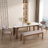 POVISON 47.24'' Mid-Century Modern Walnut Wood Dining Bench Set of 2, Gray Entryway Bench, Fully Assembled - 3 of 4