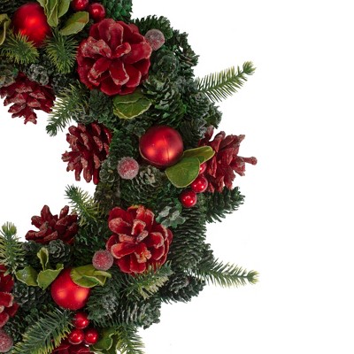 13" Red and Green Pine Cone and Ornament Christmas Wreath