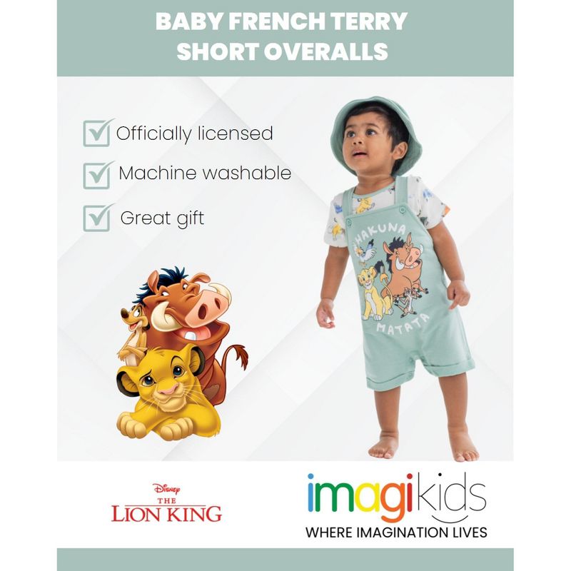 Disney Lion King Pumbaa Timon Simba Baby French Terry Short Overalls T-Shirt and Hat 3 Piece Set Newborn to Infant, 3 of 9