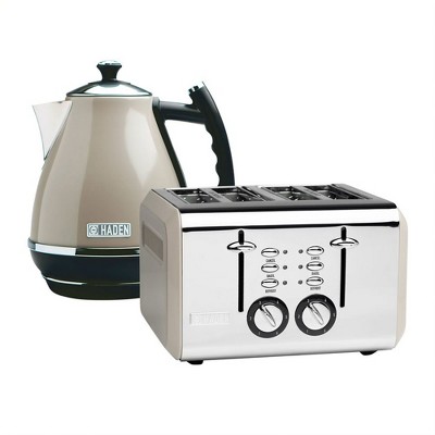 Haden Cotswold Wide Slot Stainless Steel Retro 4 Slice Toaster & Cotswold 1.7 Liter Stainless Steel Body Retro Electric Kettle, Putty Beige