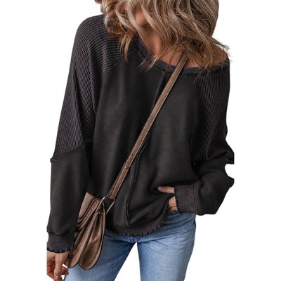 Amaryllis Women’s Long Sleeve Textured Waffle Knit Patchwork Pullover Contrast Washed Casual Fit Raw Hem