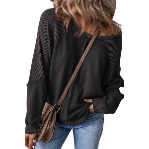 Amaryllis Women’s Long Sleeve Textured Waffle Knit Patchwork Pullover Contrast Washed Casual Fit Raw Hem - 1 of 4