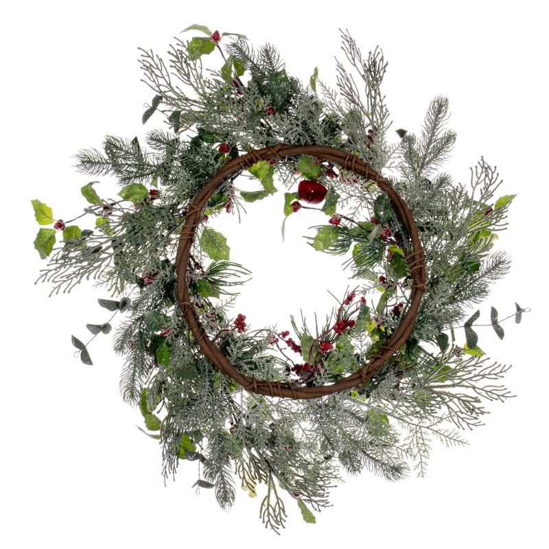 Vickerman 24" Green Artificial Holly Pine and Red Jingle Bell Wreath., 3 of 6
