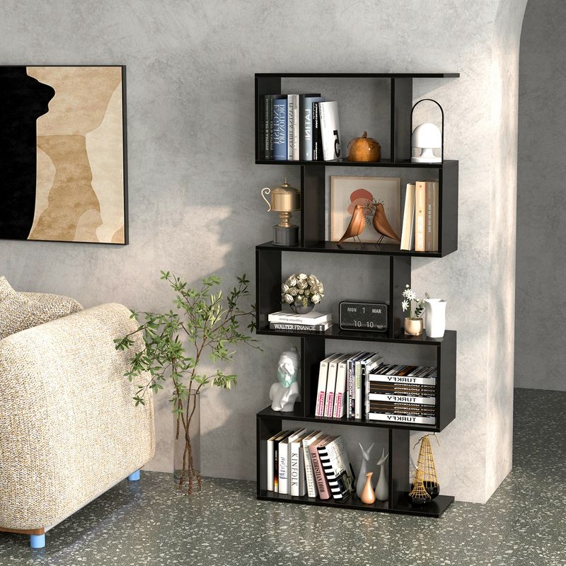 Costway 5-Tier Bookshelf Geometric S-Shaped Bookcase Room Divider Storage Display Shelf, 2 of 10