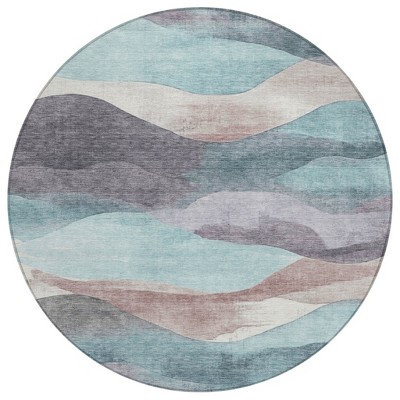 HomeRoots 8' Teal Blue And Plum Round Abstract Washable Indoor Outdoor Area Rug