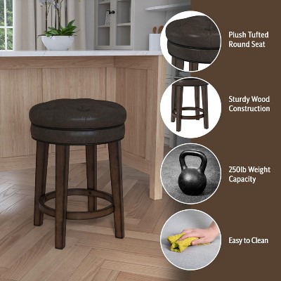 Classic Charcoal Gray Button-Tufted Leather Swivel Counter Stool