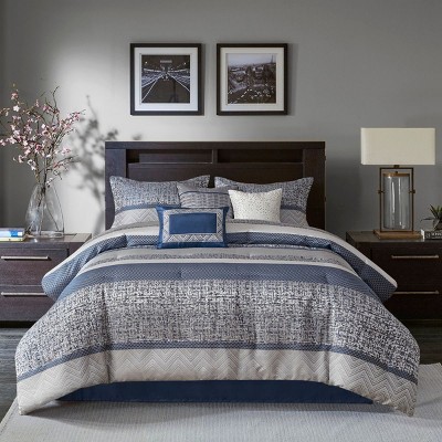 Kumasinova 7Pcs Luxurious Jacquard Comforter Set with Shams,Decor Pillows&Bed Skirt,Transitional Style Bedding Set,Machine Washable,Navy