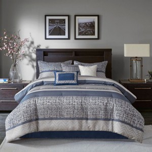 Kumasinova 7Pcs Luxurious Jacquard Comforter Set with Shams,Decor Pillows&Bed Skirt,Transitional Style Bedding Set,Machine Washable,Navy - 1 of 4