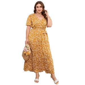 Women Plus Size V Neck Wrap Maxi Dress High Waist Ruffle Summer Casual Dress with Belt Short Sleeve - 1 of 4