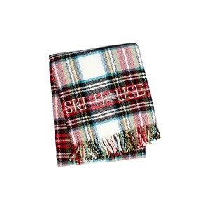 HomeRoots 55" X 70" Black Red And White Plaid Cotton Blend Ski House Embroidered Throw Blanket with Fringe - 1 of 4