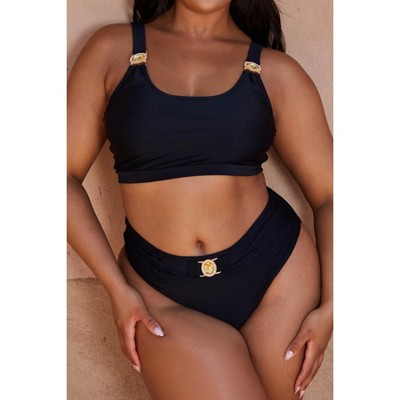 Moda Minx Amour Curve 'Black' Ruched High Waist Crystal Bikini Bottoms