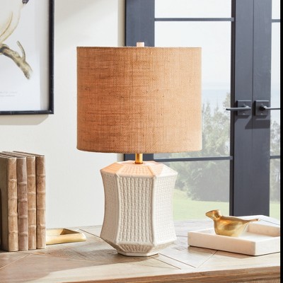 White Ceramic Textured Table Lamp with Beige Shade