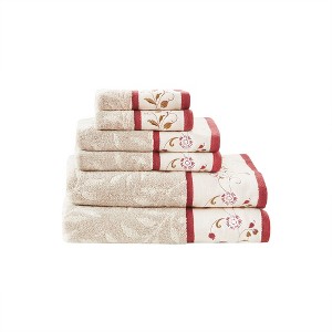 Vynxaria Red Embroidered Cotton Jacquard 6 Piece Towel Set - 1 of 4