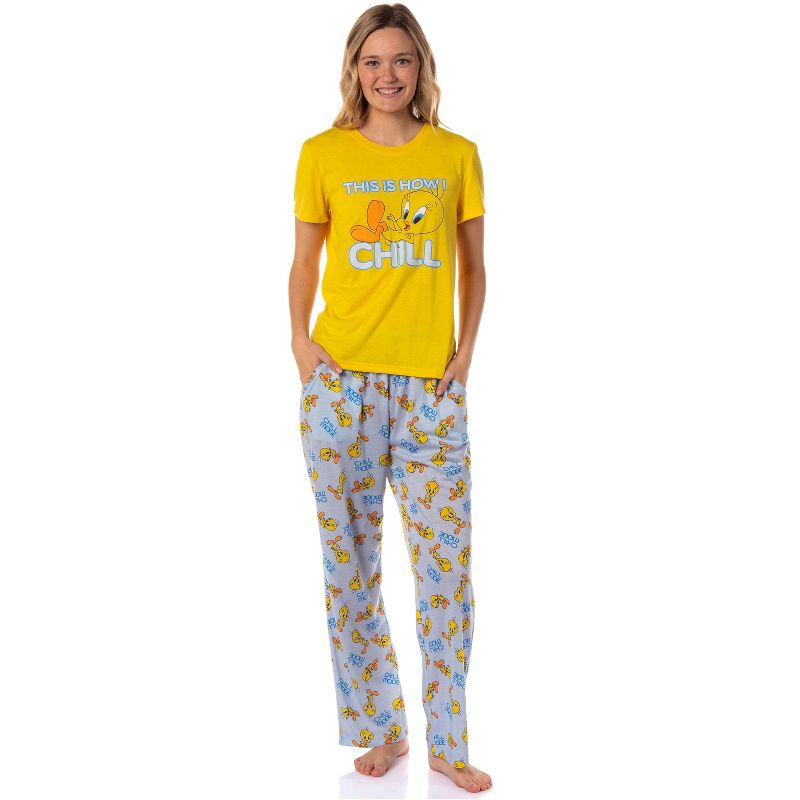 Looney Tunes Women's This Is How I Chill Tossed Tweety Bird Sleep Pajama Set Yellow, 1 of 6