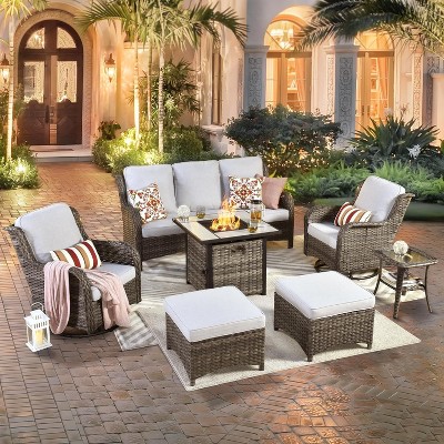 XIZZI Wicker Patio Furniture Set with 3-Seat Sofa, Swivel Rocking Armchairs & Ottomans & Side Table, Modular Sectional Outdoor Conversation Sofa Set