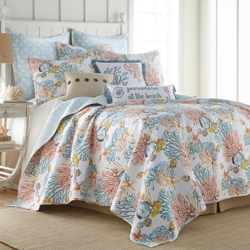 Bay Islands Quilt Set King Quilt And Two King Pillow Shams Coral Teal Cream Levtex Home Target