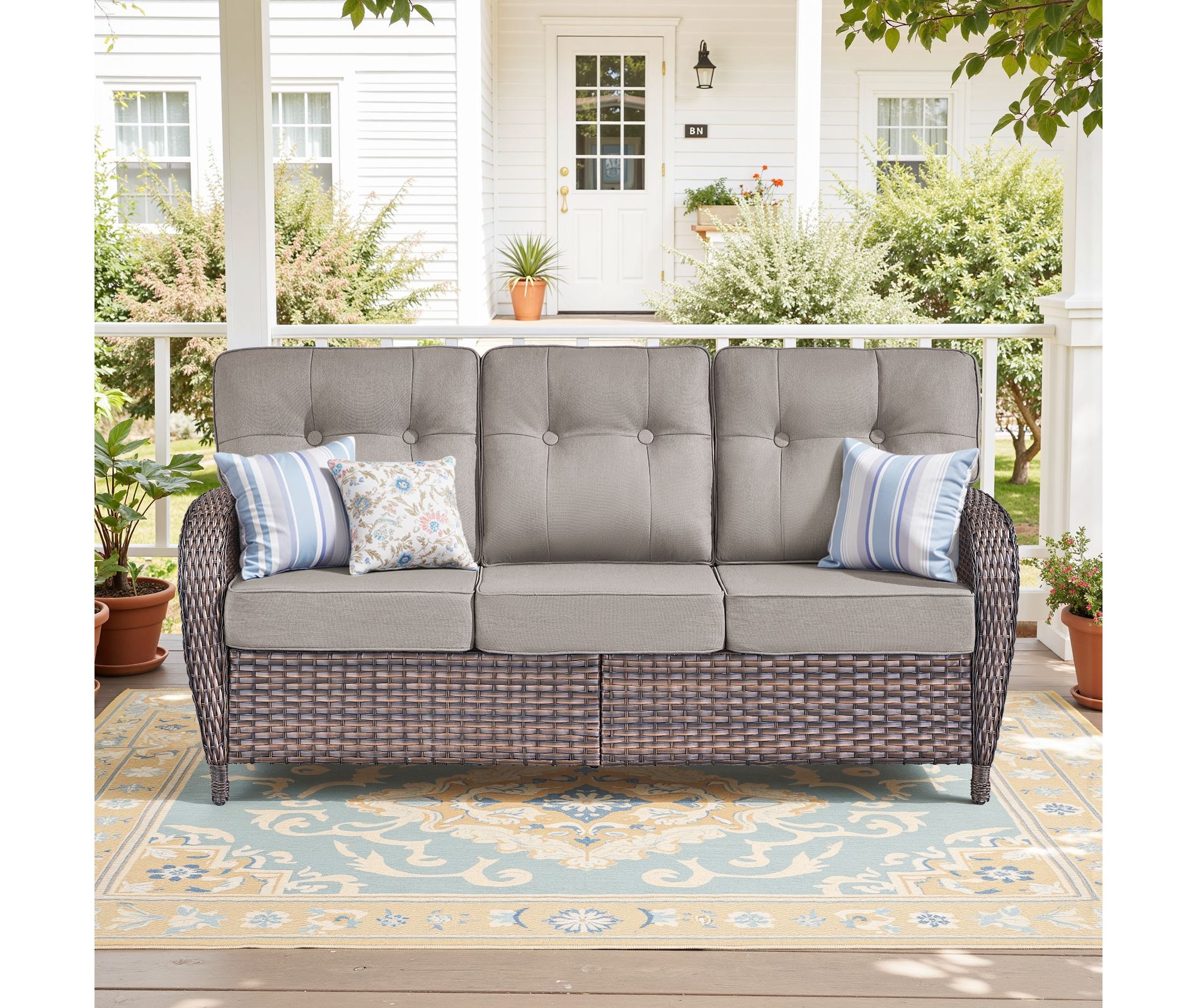 Buenhomino Luxury Patio Sofa 3-Seat Wicker Couch with 5" Thick Cushion - Outdoor Furniture Rattan Sofa with Deep Seating High Back Outdoor Sofa£¬Gray