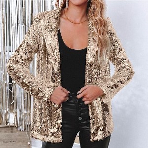 Women's Sequin Jacket Glitter Sparkle Open Front Casual Long Sleeve Blazer Coat Party Casual Cardigan,M,Gold - 1 of 3
