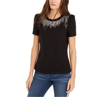 I.N.C International Concepts Womens Sequin Embellished T-Shirt, Black, Small