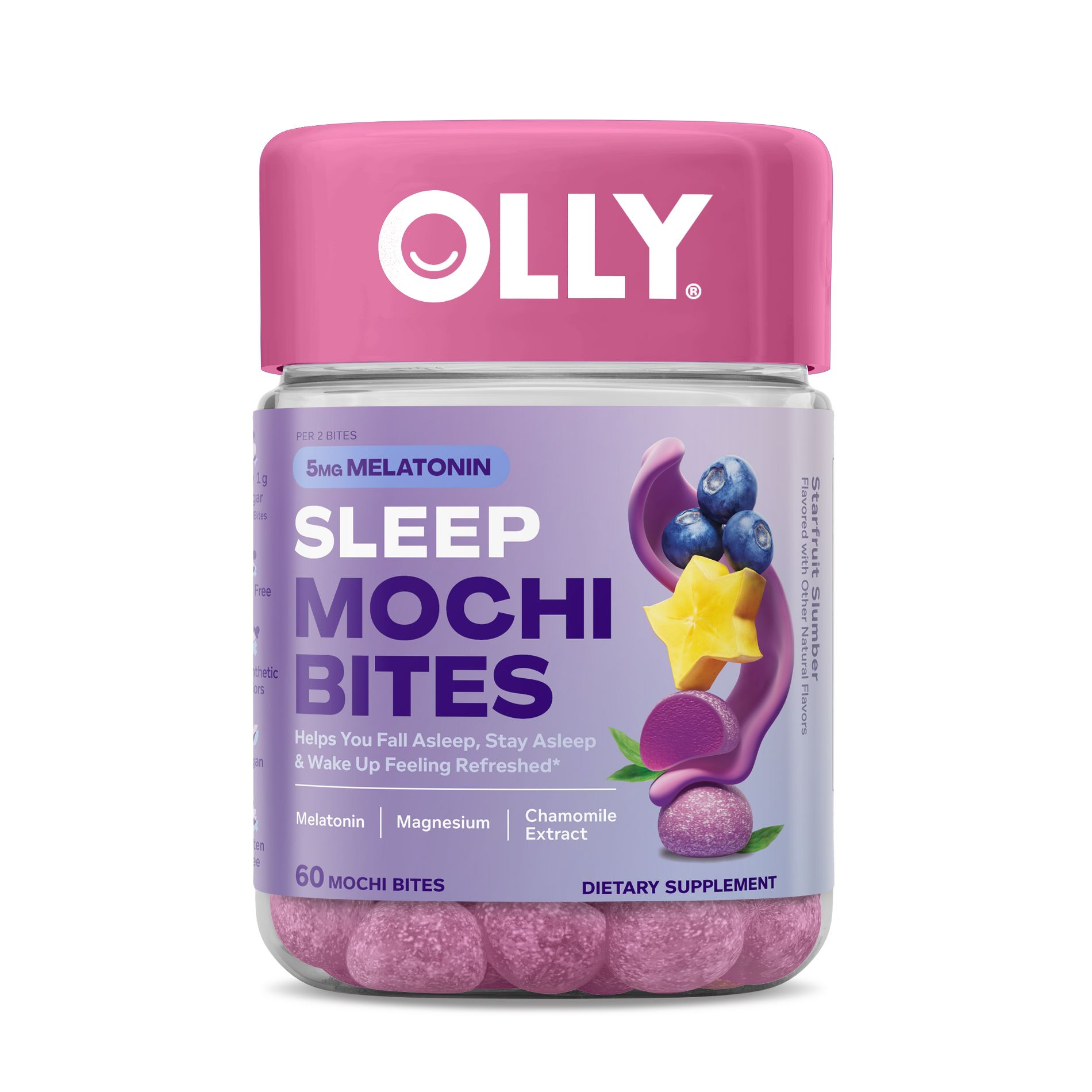 OLLY Mochi Sleep Bites with 5mg Melatonin, Magnesium & Chamomile - Blueberry Starfruit - 60ct