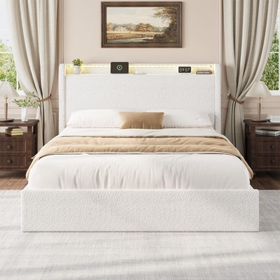 Full Size Boucle Bed Frame with Storage Headboard, Charging Station and LED Lights
