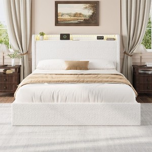 Full Size Boucle Bed Frame with Storage Headboard, Charging Station and LED Lights - 1 of 4