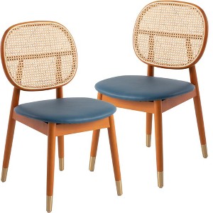 LeisureMod Holbeck Wicker Dining Chair with Upholstered Leather Seat and Beech Wood Legs, Set of 2 - 1 of 4