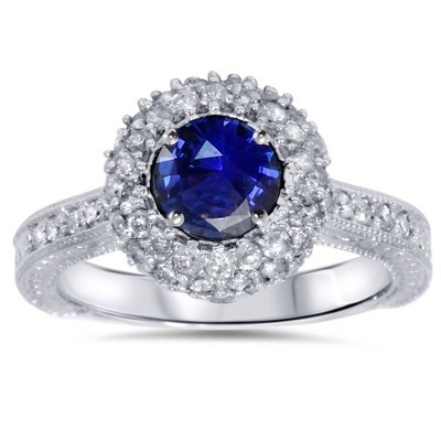 Pompeii3 1ct Blue Sapphire Diamond Halo Vintage Engagement Round Cut Ring 14K Gold