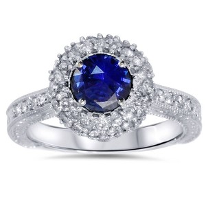 Pompeii3 1ct Blue Sapphire Diamond Halo Vintage Engagement Round Cut Ring 14K Gold - 1 of 4