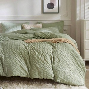 Light Green King Duvet Cover Set, 3pcs Washed Microfiber, Breathable Seersucker with Zipper and Ties - 1 of 4
