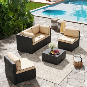 Celebalcony 5-piece black rattan  Wicker Patio Set – All-Weather Outdoor Sectional Sofa with Cushions, Pillows & Glass Coffee Table - 1 of 4