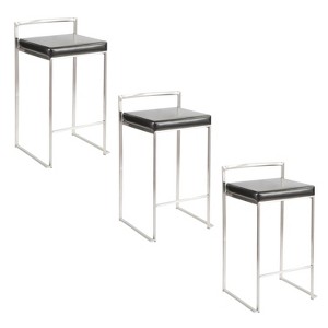LumiSource Set of 3 Fuji Stacker Counter Height Barstools Stainless Steel/Black PU - 1 of 4