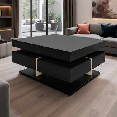 High-Gloss Square Coffee Table with 4 Drawers