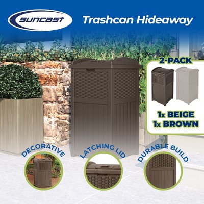 Beige and Brown Plastic Outdoor Trash Hideaway Set, 33 Gallon