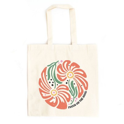 City Creek Prints Boho Flowers Circle Canvas Tote Bag - 15x16 - Natural