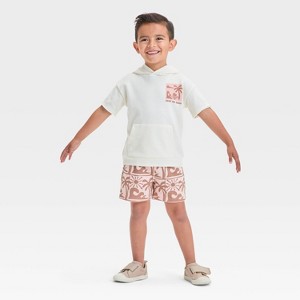 Grayson Mini Toddler Boys' Short Sleeve Hoodie + Shorts Set - Cream/Brown - 1 of 4